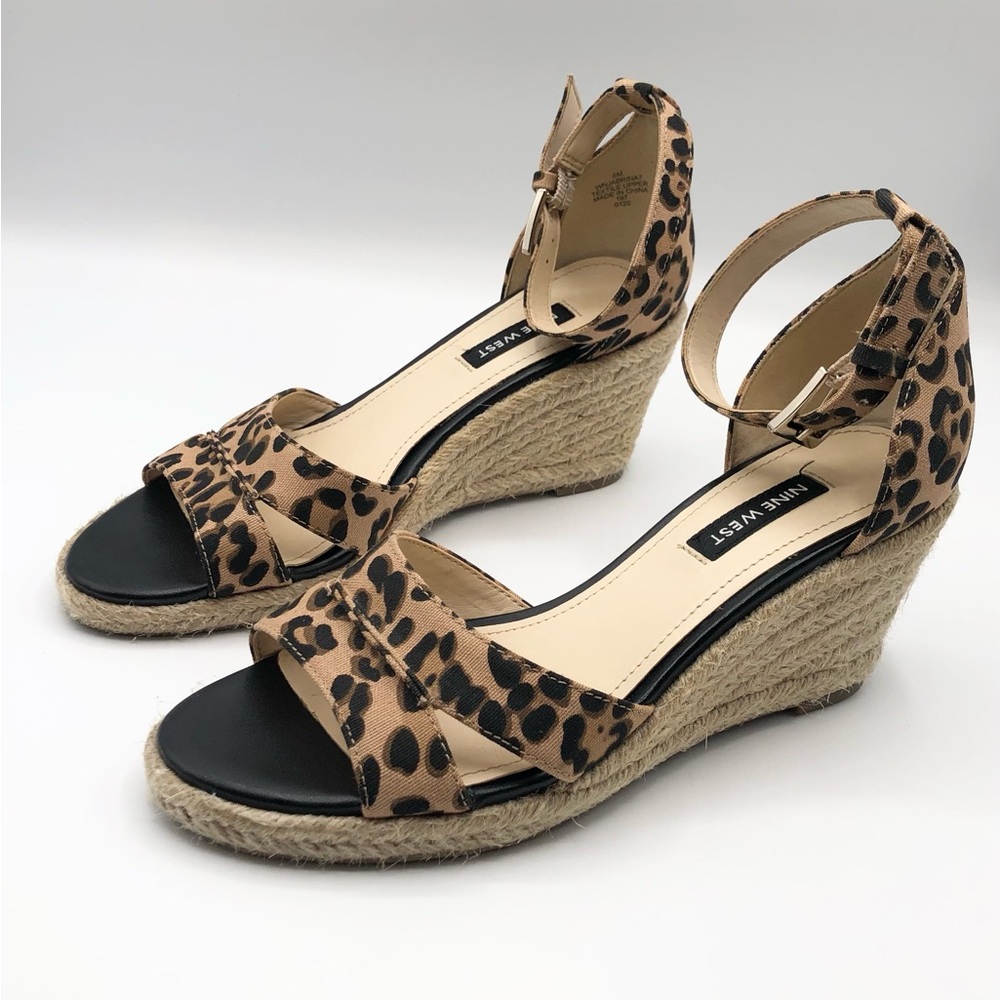 Nine West Animal Print Tan Black Ankle Strap Espadrille Wedge Heels - Size 6